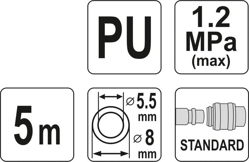 Tuyau d'air comprimé en spirale 5,5x8 mm, connexion UE, 5 mètres (YATO YT-24201)