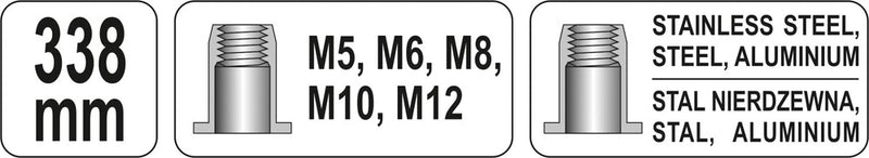 Rivet nut pliers, M5-M12, L:338mm (YATO YT-36119)